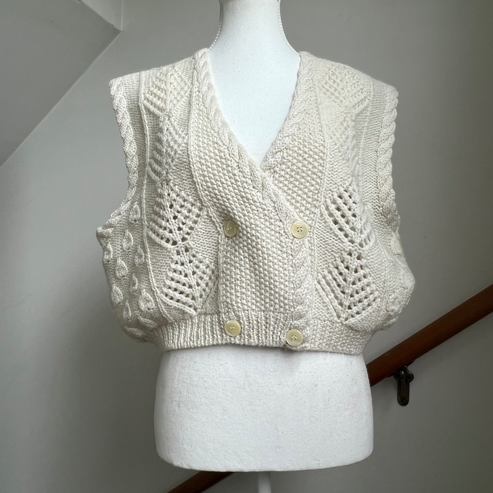 Vintage J.G. Hook Sweater Vest Cream Wool Hand Knit Double Breasted Preppy 80s